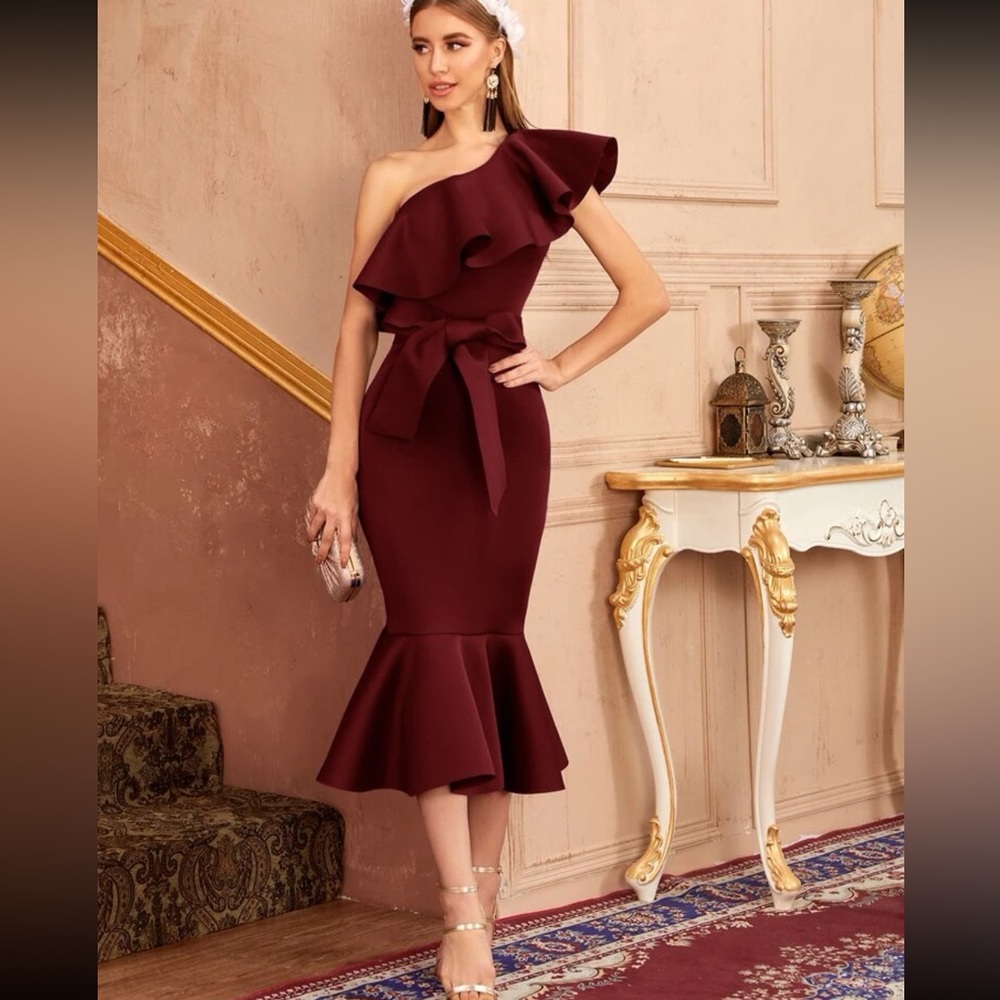 Elegant Maroon One-Shoulder Ruffle Dress ✨